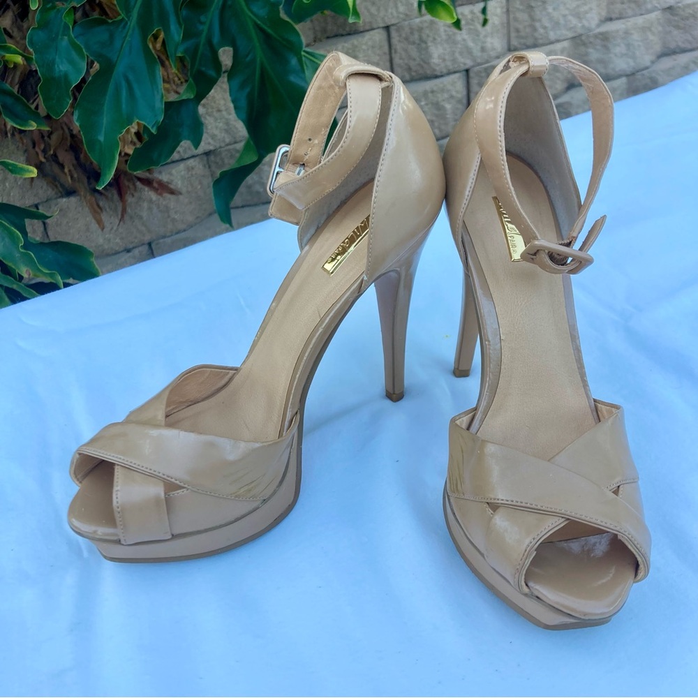 Tan High Heeled Sandals with Stiletto Heel and Platform